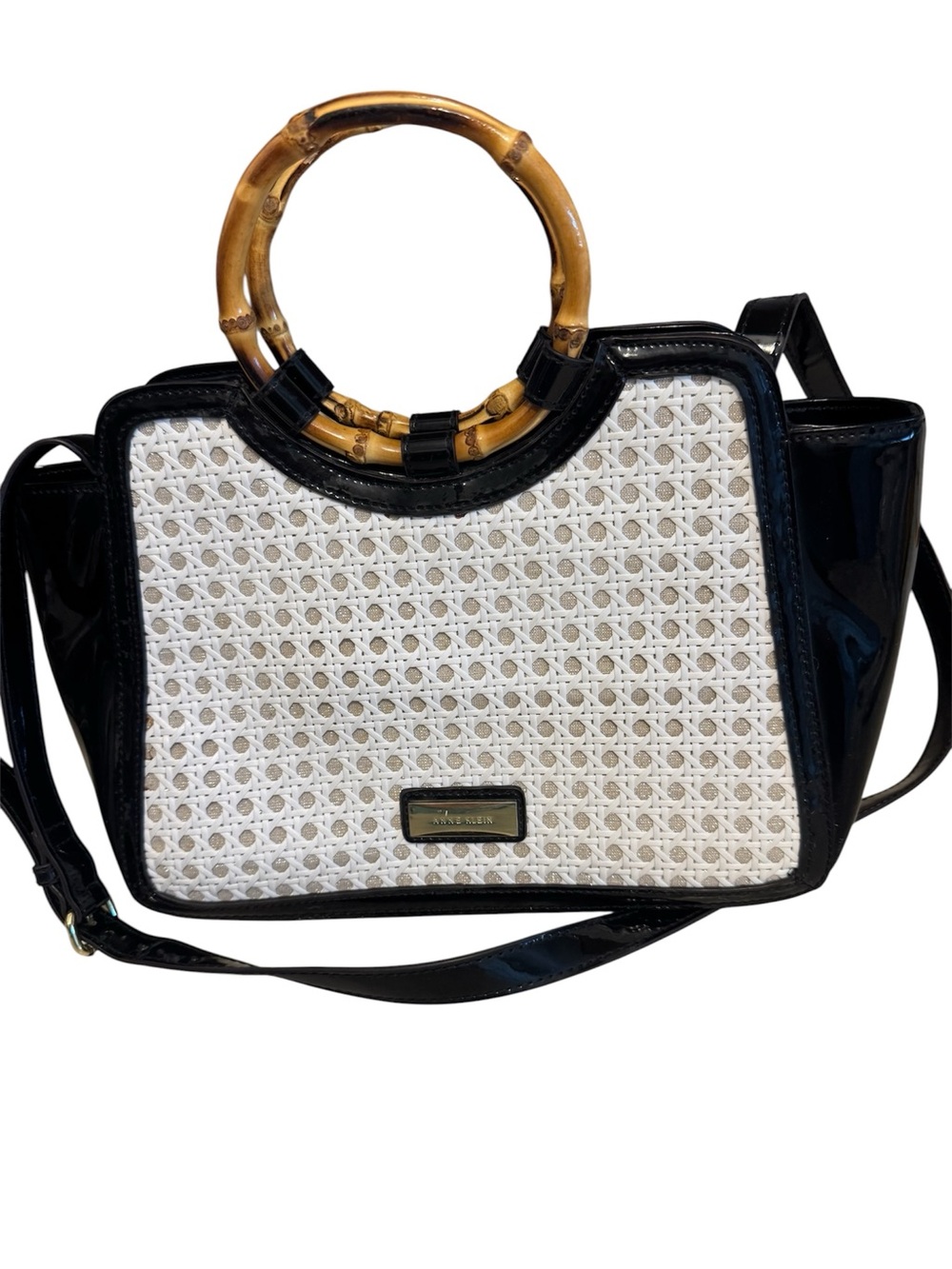 VTG Anne Klein Patten Black White Metallic w/ Bamboo Handle Satchel Crossbody